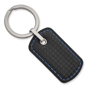 Stainless Steel Black Leather with Blue Carbon Fiber Stitched Key Ring